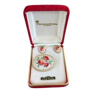 VTG Precious Jewels by Milano Embroidered Floral Clip on Earring & Pin Set Pink